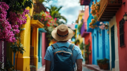 A traveler with a straw hat and backpack wanders through a vibrant city street lined with colorful buildings, embodying adventure, discovery, and cultural exploration.