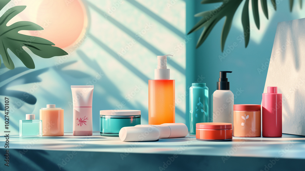 Skincare products on windowsill. Skincare products on windowsill.