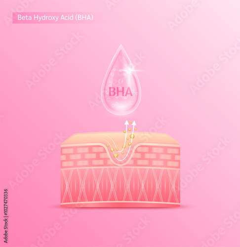 Pink drop serum on skin layer. BHA Beta Hydroxy Acid solution it melts the sebum and blackhead which causes clogged pores. For cosmetics ads. Medical beauty science. Vector EPS10.