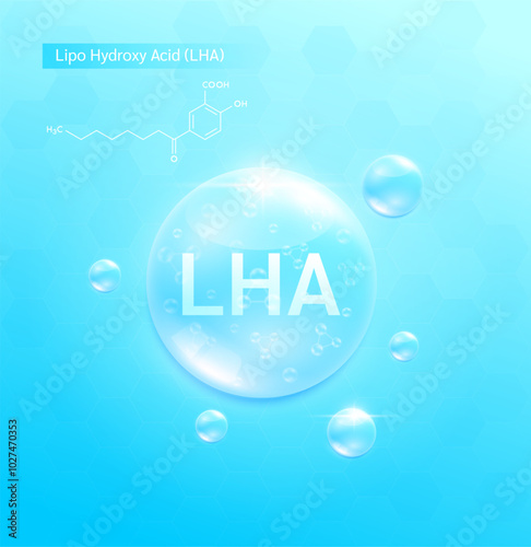 LHA Lipo Hydroxy Acid solution blue and chemical structure formula. Serum skin care face for cosmetics ads. Medical beauty science. Vector EPS10.