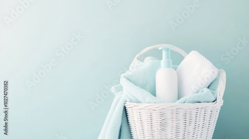 A clean and organized bathroom scene featuring white wicker basket filled with soft towels and bottle of lotion against soothing mint green background. This setup evokes sense of relaxation and freshn photo