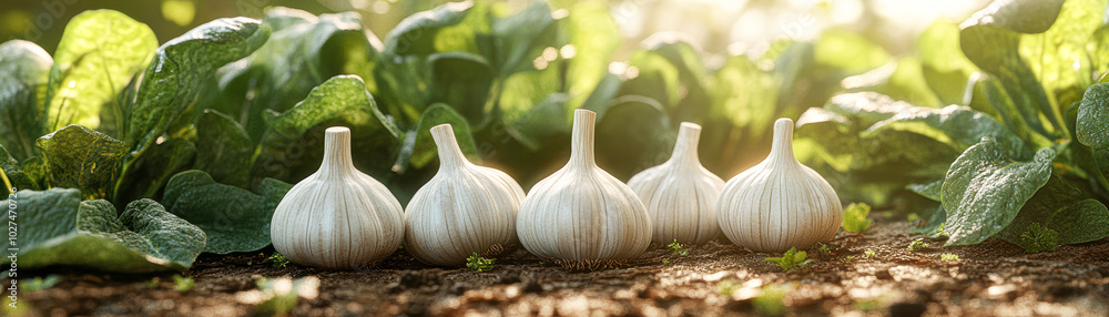 Obraz premium Heirloom Garlic Bulbs in Lush Garden Setting Natural Beauty and Health Benefits Concept