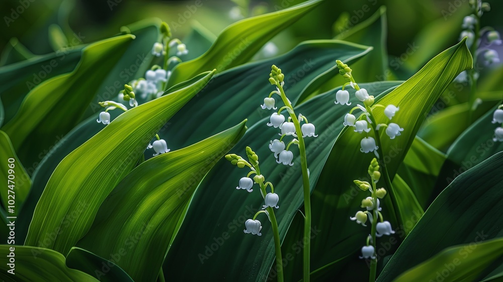 Fototapeta premium A close-up view of a cluster of lily of the valley flowers blooming in a lush green forest. The delicate white flowers stand out against the dark green leaves, creating a beautiful contrast.