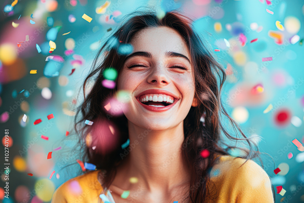 A woman is smiling and surrounded by colorful confetti A woman is smiling and surrounded by colorful confetti