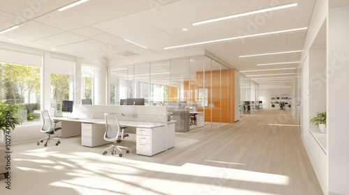 Modern office interior design featuring bright, spacious workspaces with large windows, ergonomic furniture, and clean aesthetic. layout promotes productivity and collaboration