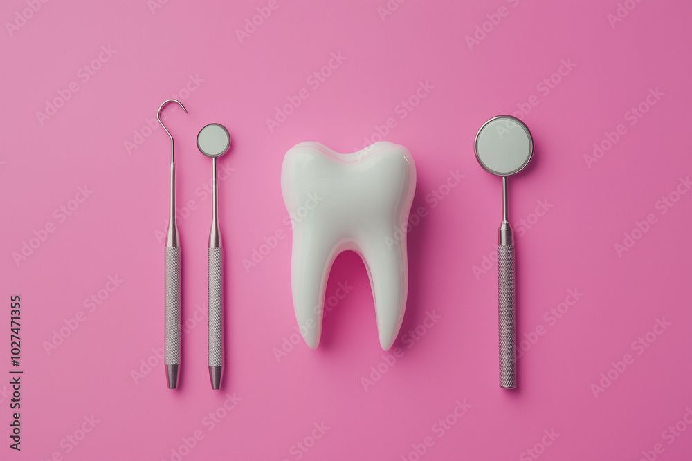 Modern dental tools and tooth model on pink background. Modern dental tools and tooth model on pink background.
