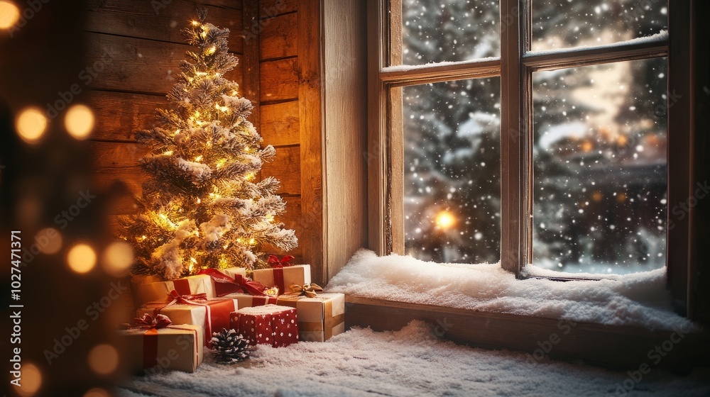 A charming Christmas scene with a snow-covered window, glowing tree, and presents placed carefully beneath it A charming Christmas scene with a snow-covered window, glowing tree, and presents placed carefully beneath it