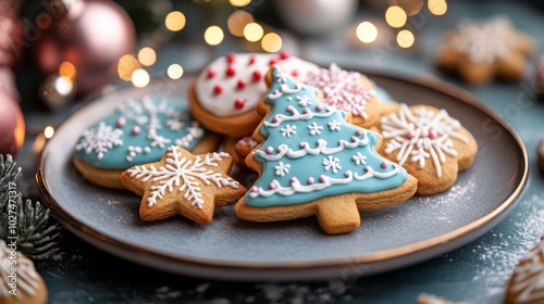 Delightful holiday cookies adorned with intricate icing patterns, resembling snowflakes and a festive tree, promise a joyful and delicious celebration experience.