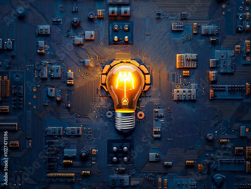 circuit board with glowing light bulb symbolizes innovation and technology. intricate details of circuit highlight connection between electronics and ideas photo