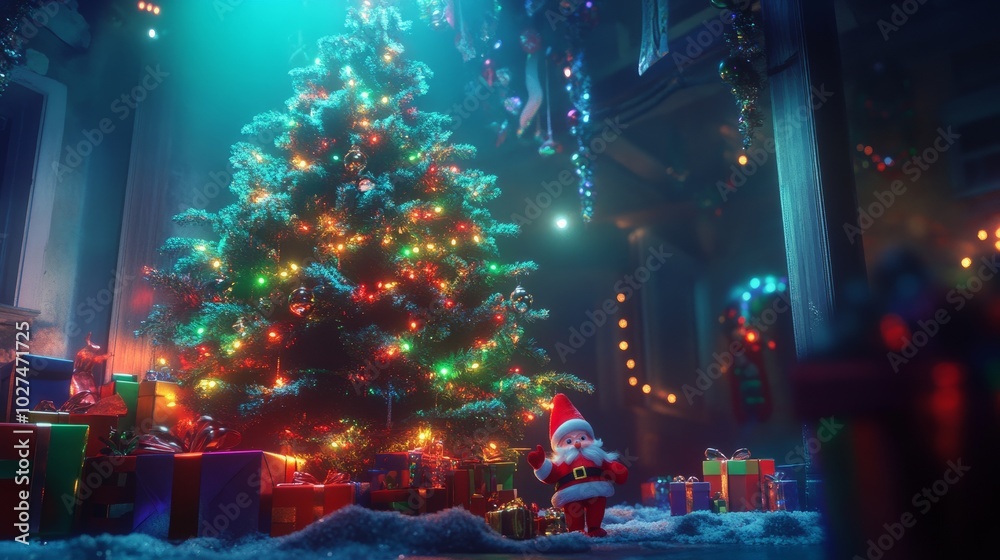 A Christmas tree glowing with lights, with wrapped presents and a small Santa doll celebrating New Years 2025. A Christmas tree glowing with lights, with wrapped presents and a small Santa doll celebrating New Years 2025.