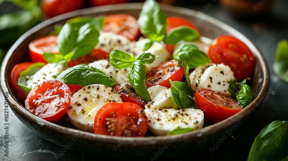 A fresh caprese salad featuring slices of mozzarella and cherry tomatoes garnished with fresh basil, seasoned with black pepper for added flavor. A fresh caprese salad featuring slices of mozzarella and cherry tomatoes garnished with fresh basil, seasoned with black pepper for added flavor.