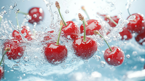 Fresh cherries splash in clear water, creating vibrant and refreshing scene. droplets enhance visual appeal, capturing essence of summer and vitality