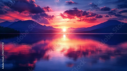 A breathtaking sunset unfolds across a calm mountain lake, showcasing a dazzling mirror reflection with deep, rich colors illuminating the evening sky.