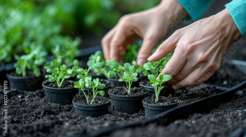 Carefully placing each young plant into separate pots for organization, symbolizing attention to detail and the nurturing process of gardening and growth.