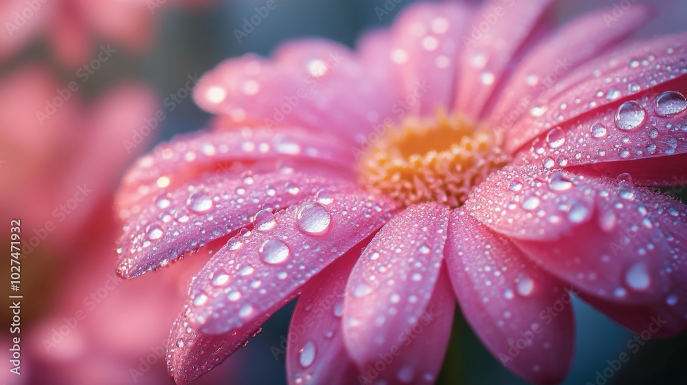 Close-up photograph of a pink daisy flower beautifully adorned with dew drops during a fresh morning, symbolizing purity and natural beauty in floral design. Close-up photograph of a pink daisy flower beautifully adorned with dew drops during a fresh morning, symbolizing purity and natural beauty in floral design.