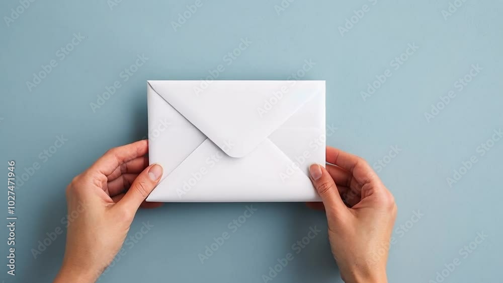 Two light-skinned hands holding a white envelope against a blue background. The envelope is rectangular with a triangular flap. The hands have neat nails. The design is simple. Two light-skinned hands holding a white envelope against a blue background. The envelope is rectangular with a triangular flap. The hands have neat nails. The design is simple.