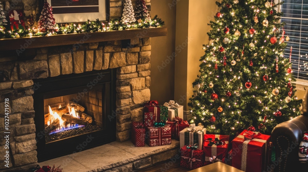 A cozy fireplace next to a Christmas tree, with colorful gift boxes adding cheer to the holiday decor. A cozy fireplace next to a Christmas tree, with colorful gift boxes adding cheer to the holiday decor.