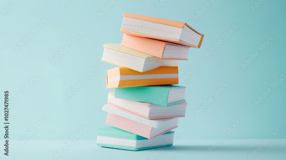 Colorful stacked books create vibrant and inviting atmosphere, perfect for any reading nook or study space. pastel colors add playful touch to arrangement Colorful stacked books create vibrant and inviting atmosphere, perfect for any reading nook or study space. pastel colors add playful touch to arrangement