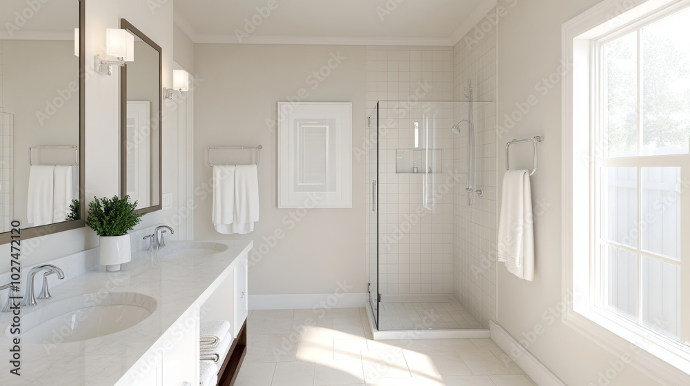 Modern bathroom design features spacious layout with dual sinks, glass shower, and elegant fixtures. neutral color palette creates calming atmosphere, perfect for relaxation Modern bathroom design features spacious layout with dual sinks, glass shower, and elegant fixtures. neutral color palette creates calming atmosphere, perfect for relaxation