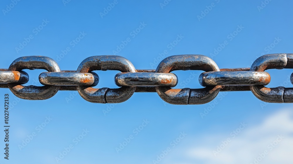Fototapeta premium A close-up of an old, weathered metal chain set against a clear, vibrant blue sky background, symbolizing strength and unity through its linked structure.