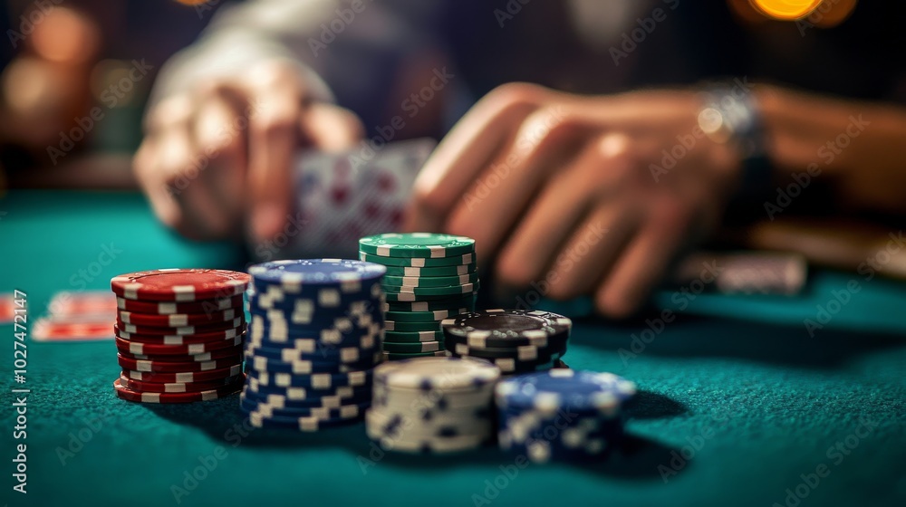 A vibrant display of poker chips and playing cards laid out on a casino table, perfectly capturing the excitement and thrill of gambling and strategy.