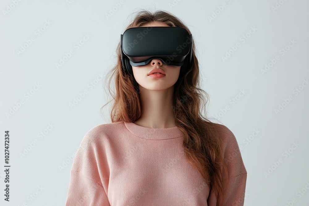 Young Woman in Virtual Reality Headset isolated on white background Young Woman in Virtual Reality Headset isolated on white background
