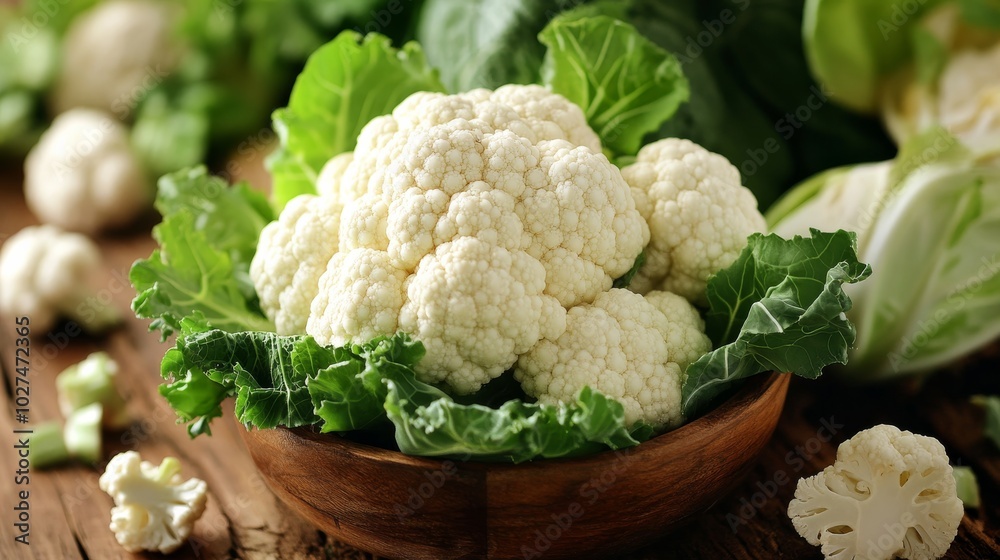 A fresh and healthy cauliflower sits in a rustic wooden bowl, surrounded by its vibrant green leaves, ready to be enjoyed as a nutritious meal option. A fresh and healthy cauliflower sits in a rustic wooden bowl, surrounded by its vibrant green leaves, ready to be enjoyed as a nutritious meal option.