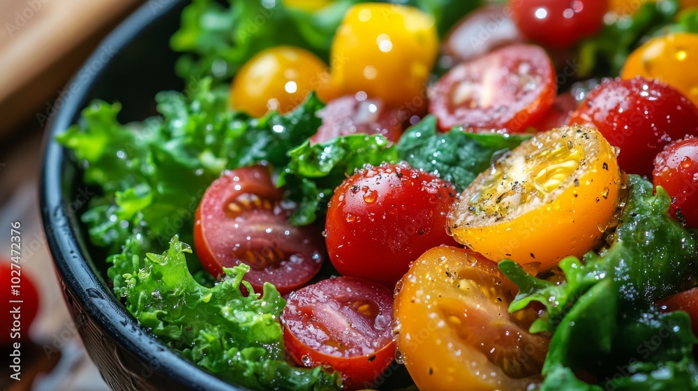 A colorful and refreshing salad features ripe cherry tomatoes and crisp green lettuce, seasoned perfectly to offer a delicious and healthy dining experience. A colorful and refreshing salad features ripe cherry tomatoes and crisp green lettuce, seasoned perfectly to offer a delicious and healthy dining experience.