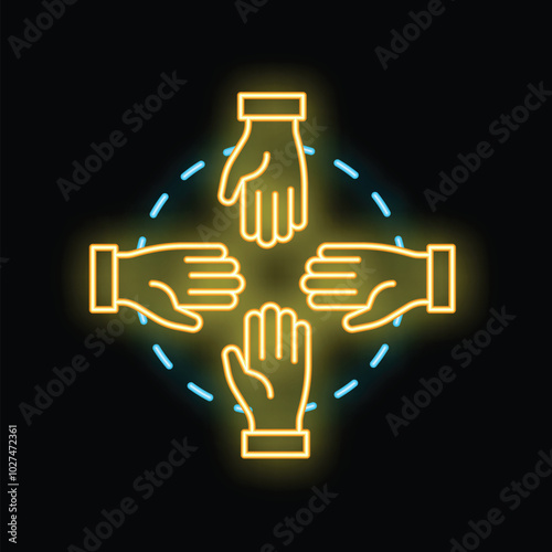 Five people are joining hands in a circle, forming a team, in this neon sign illustration