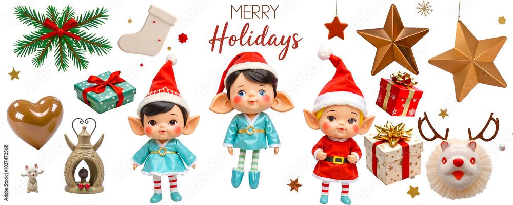 Holiday Cheer: A festive collection of Christmas elves, ornaments, and holiday symbols, radiating joy and warmth for the season. This image captures the essence of holiday spirit. Holiday Cheer: A festive collection of Christmas elves, ornaments, and holiday symbols, radiating joy and warmth for the season. This image captures the essence of holiday spirit.