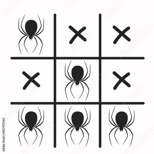 Tic-tac-toe playing field with spiders instead of X's and O's. Spooky Halloween theme. Vector graphics. EPS 10