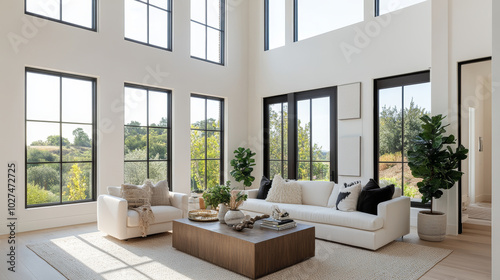 A bright and airy living room features large windows that invite natural light  showcasing modern design with white sofa  wooden coffee table  and decorative plants