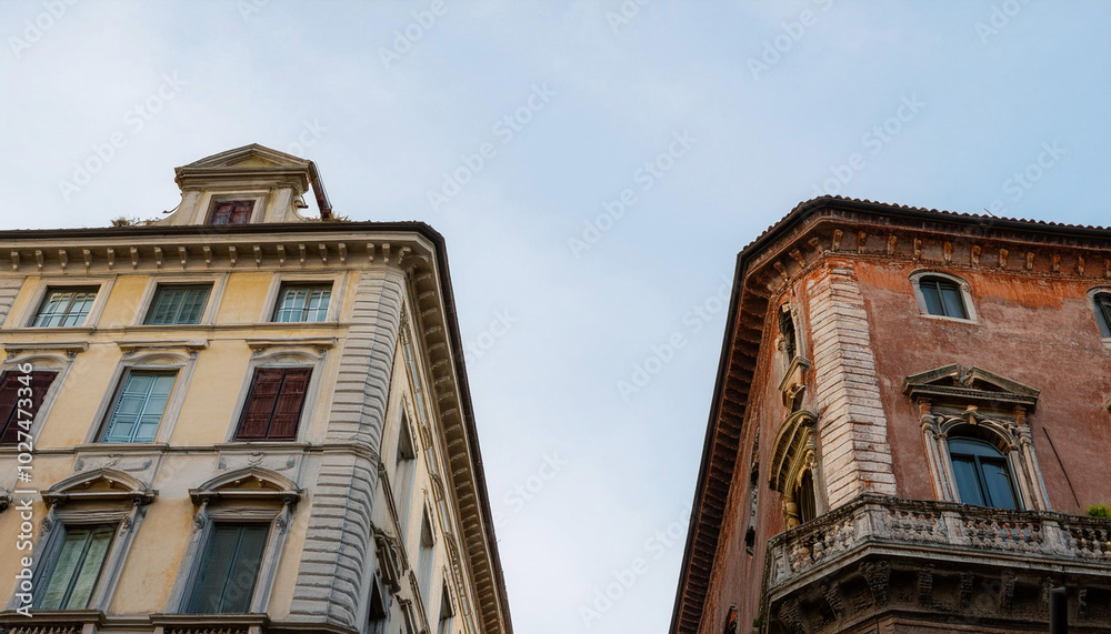 A Pair of Old Buildings Adjacent to Each Other and Copy Space A Pair of Old Buildings Adjacent to Each Other and Copy Space
