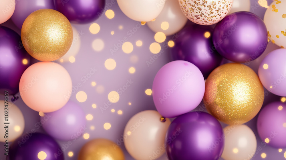 Colorful balloons in shades of purple, gold, and pink create festive atmosphere, perfect for celebrations and parties. soft bokeh effect adds magical touch to scene Colorful balloons in shades of purple, gold, and pink create festive atmosphere, perfect for celebrations and parties. soft bokeh effect adds magical touch to scene