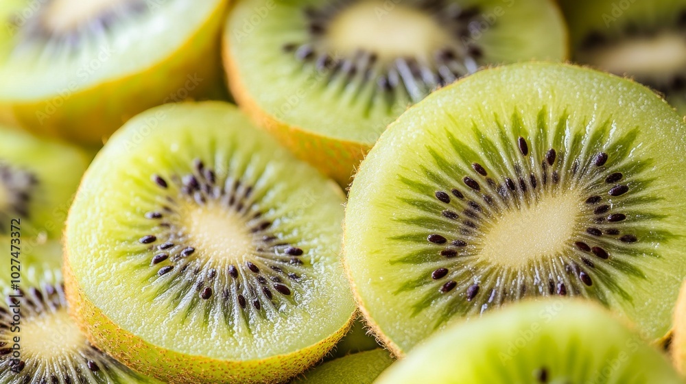 A close-up view of vibrant kiwi slices shows detailed texture, enhancing the fresh, juicy green color and inviting taste, symbolizing health and vitality. A close-up view of vibrant kiwi slices shows detailed texture, enhancing the fresh, juicy green color and inviting taste, symbolizing health and vitality.