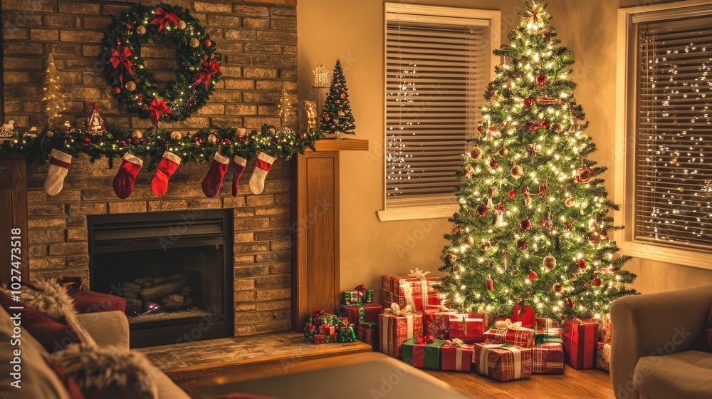 A holiday-themed living space with a Christmas tree glowing beside a sofa, with presents waiting to be opened.