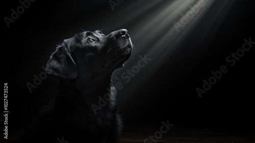 A black dog gazes upward, illuminated by a spotlight that contrasts its fur against a dark background, evoking mystery and curiosity in a dramatic setting. photo