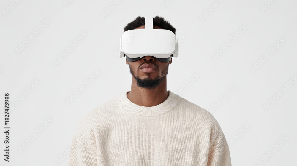 Immersed in virtual world, man wears VR headset, showcasing modern technology and innovation. His focused expression reflects excitement of virtual experiences