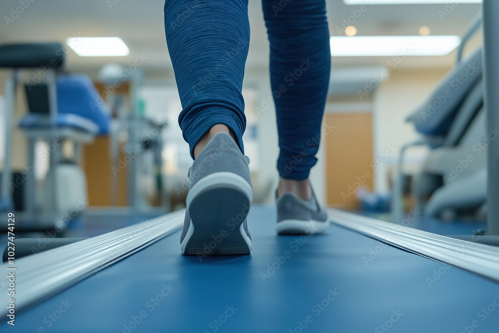 A person walks on a treadmill in a fitness center, showcasing athletic wear and a focus on health and exercise. A person walks on a treadmill in a fitness center, showcasing athletic wear and a focus on health and exercise.