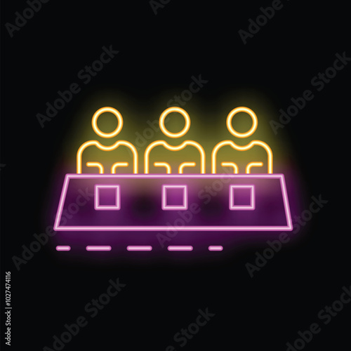 Glowing neon icon of three judges sitting at table during contest, competition, show, or game