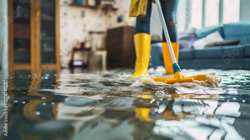 person in rubber boots cleaning the floor