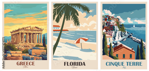 Set of 3 Vintage Travel poster. Cinque Terre, beach in Florida, Greece, Athens prints. Exotic summer vacation, Holidays concept. Vector colorful illustrations, Art prints
