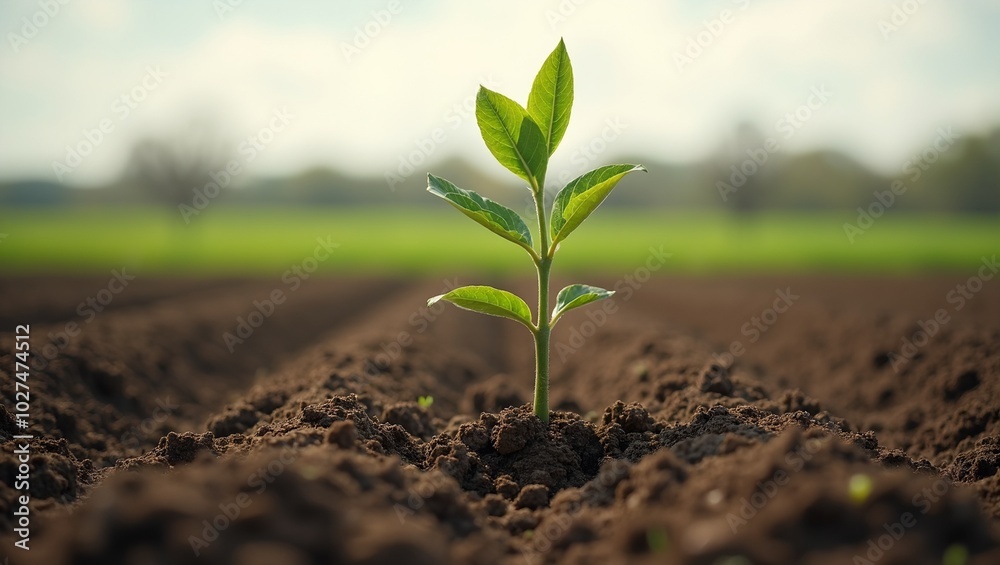 Young tree sapling in plowed field with rich soil early spring Young tree sapling in plowed field with rich soil early spring