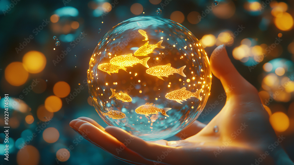 A sorcerer levitates water droplets into the air, which transform into tiny glowing fish swimming through the sky – A playful and surreal scene filled with wonder, blending joy, mi A sorcerer levitates water droplets into the air, which transform into tiny glowing fish swimming through the sky – A playful and surreal scene filled with wonder, blending joy, mi