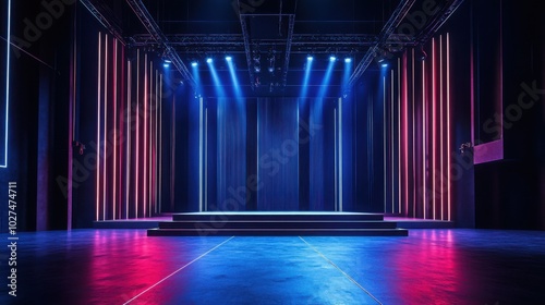 modern stage with dynamic lighting and a futuristic, metallic curtain half-closed