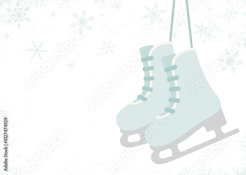 A pair of hanging ice skates in a winter scene, in a cut paper style with textures

