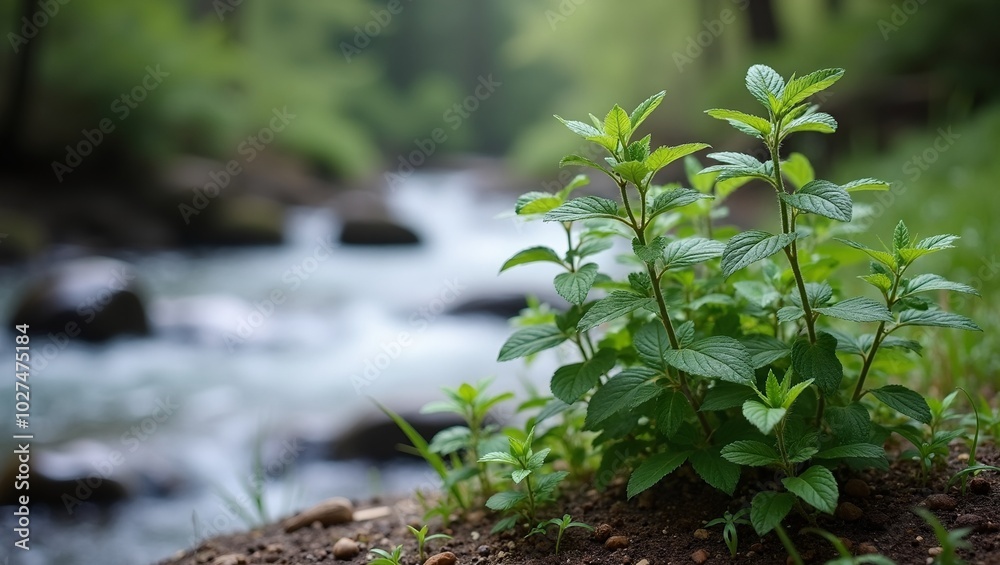 Tranquil stream with wild mint patch Tranquil stream with wild mint patch