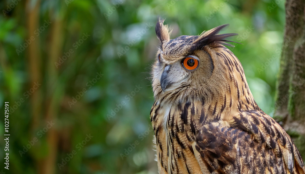 Naklejka premium A Wise Owl Perched on Tree in a Lush Garden and Copy Space