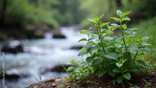 Tranquil stream with wild mint patch