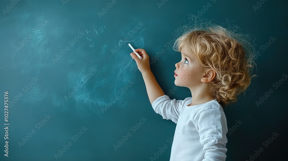 Child Writing on Chalkboard in Classroom Setting Child Writing on Chalkboard in Classroom Setting
